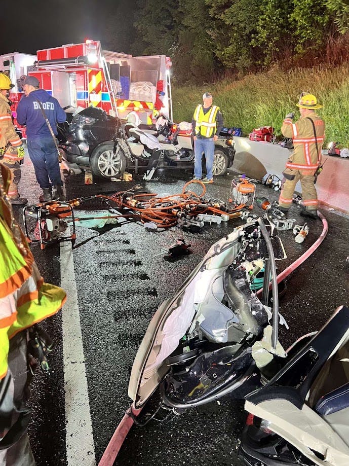 By positioning at a 45-degree angle to block for crews who operated on scene of an adult male who was having a diabetic emergency on the right shoulder of Interstate 95, Baltimore County, MD, Fire Department Engine 481 save those members from injury or worse when a passenger car that was traveling on the interstate struck BCoFD Squad 483, which was in blocking position behind E481.