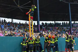 The Firefighters incorporating a ladder into some of their celebrations and gimmicks. The Firefighters incorporating a ladder into some of their celebrations and gimmicks.