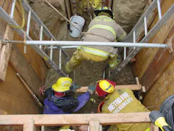 Rescuers who work in the trench always should be able to reach a ladder within 25 feet. The ladders must be secured and be long enough to reach at least three feet above the lip of the trench. Rescuers who work in the trench always should be able to reach a ladder within 25 feet. The ladders must be secured and be long enough to reach at least three feet above the lip of the trench.