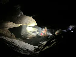 A technician uses a chisel during the cave rescue operation. A technician uses a chisel during the cave rescue operation.
