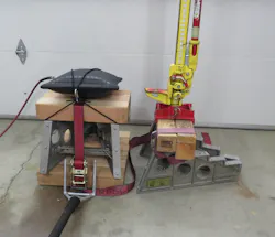 Photo 10: Left: Cribbing secured as a base and on the steps of RescueBlox with a 2-inch no-hook strap. Right: A 2-inch no-hook strap used for securing on top of the steps. Photo 10: Left: Cribbing secured as a base and on the steps of RescueBlox with a 2-inch no-hook strap. Right: A 2-inch no-hook strap used for securing on top of the steps.