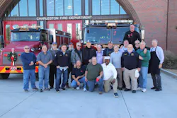 Retirees and current members pause in front of Charleston, SC, Fire Department Station 11 for the holiday meal. Retirees and current members pause in front of Charleston, SC, Fire Department Station 11 for the holiday meal.