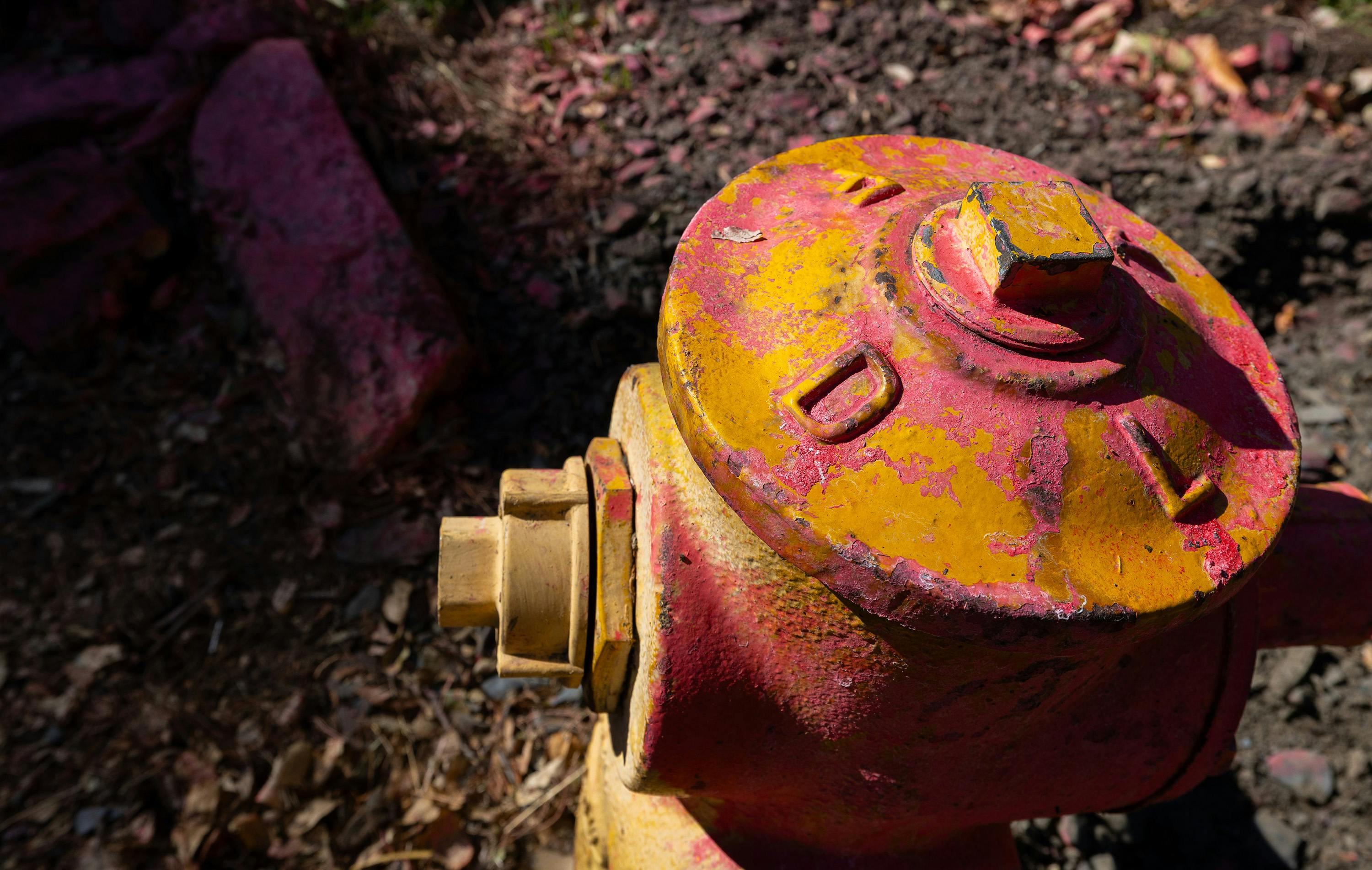 A fire hydrant in Mandeville Canyon in Los Angeles is coated in fire retardant during the January 2025 wildfires. Officials said the Los Angeles Fire Department did not report nearly 1,000 damaged hydrants for months.