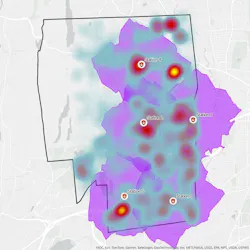 Ten years of emergency response call locations represented as a heat map. The purple outline represents a 1.5-mile driving radius around each station. Ten years of emergency response call locations represented as a heat map. The purple outline represents a 1.5-mile driving radius around each station.