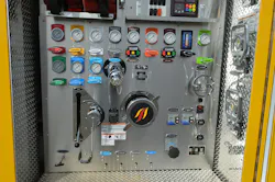 The pump panel on the OWL Fire Department’s Engine 502B shows the standard color coding and labeling for each discharge. Note the handwheel crank control for the tank to pump line and intake valve controls for the front, rear and right-side valves at the lower portion of the panel. The pump panel on the OWL Fire Department’s Engine 502B shows the standard color coding and labeling for each discharge. Note the handwheel crank control for the tank to pump line and intake valve controls for the front, rear and right-side valves at the lower portion of the panel.