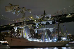 The Mexican naval ship Cuauhtemoc struck the Brooklyn Bridge on the East River in New York City Saturday night. The Mexican naval ship Cuauhtemoc struck the Brooklyn Bridge on the East River in New York City Saturday night.