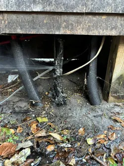 The completely fried middle pipe was the result of a power line coming down and onto a metal fence, grounding through heat tape all of the way to the water main. The completely fried middle pipe was the result of a power line coming down and onto a metal fence, grounding through heat tape all of the way to the water main.