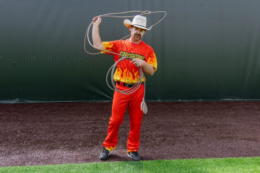 Oklahoma City Fire Department Corporal Mat Wolfe is a second baseman/pitcher for The Firefighters. In addition, he serves along as the 'rodeo clown' on the baseball team.