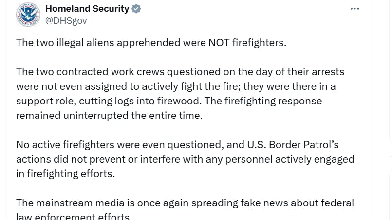 The Department of Homeland Security clarified that the arrests they made were of workers in a support role, not directly fighting the Bear Gulch fire.