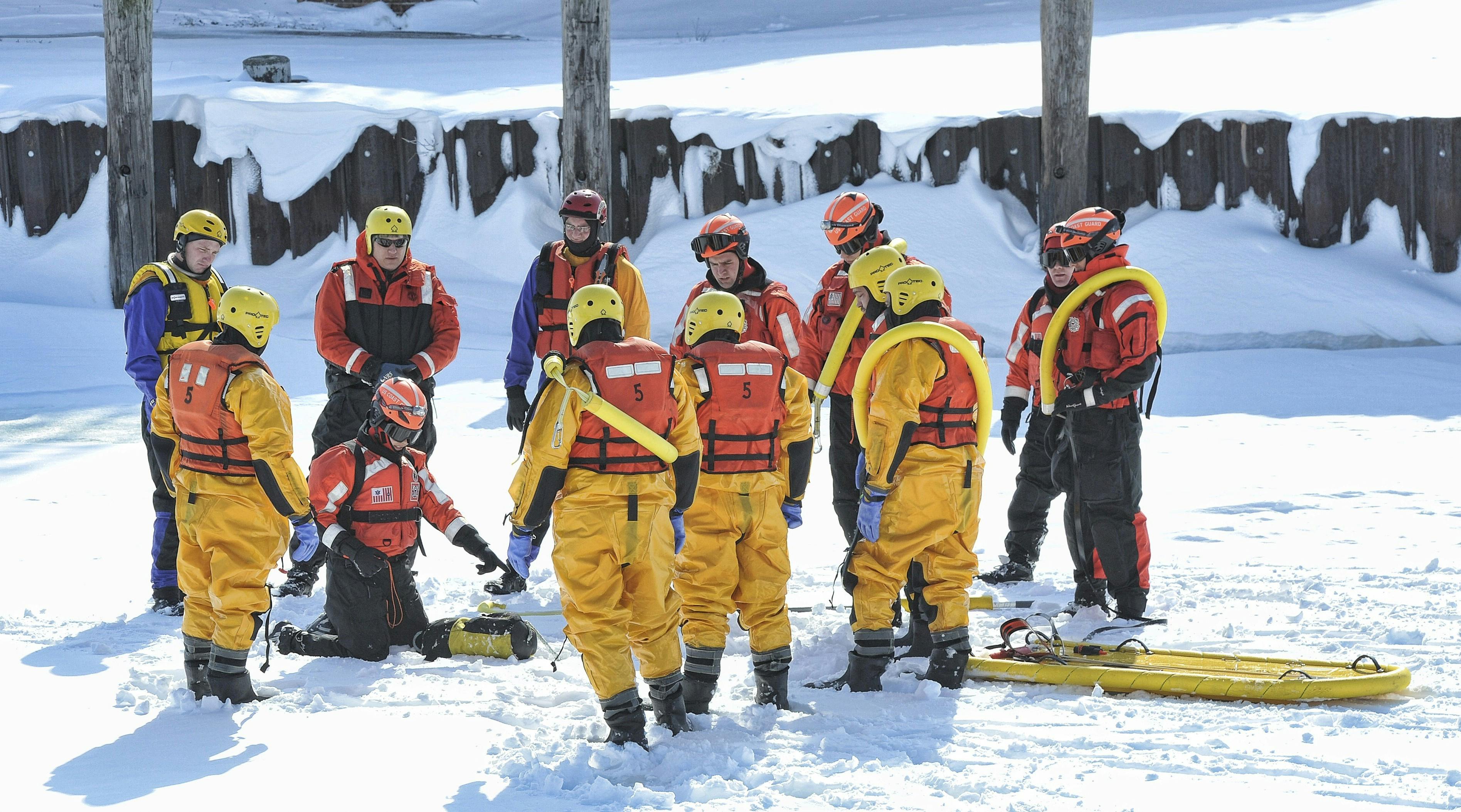 When a department wants to formalize an existing ice rescue program or create one from scratch, reaching out to neighboring and/or regional departments or external resources can provide a leg up regarding equipment and outside training providers to consider and improved interoperability down the road. Here, two departments and the U.S. Coast Guard work on ice rescue techniques at a joint training.