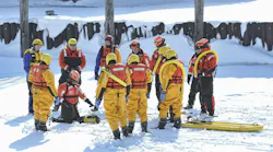 When a department wants to formalize an existing ice rescue program or create one from scratch, reaching out to neighboring and/or regional departments or external resources can provide a leg up regarding equipment and outside training providers to consider and improved interoperability down the road. Here, two departments and the U.S. Coast Guard work on ice rescue techniques at a joint training. When a department wants to formalize an existing ice rescue program or create one from scratch, reaching out to neighboring and/or regional departments or external resources can provide a leg up regarding equipment and outside training providers to consider and improved interoperability down the road. Here, two departments and the U.S. Coast Guard work on ice rescue techniques at a joint training.