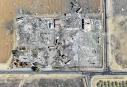 A composite image shows the damage at the Esparto fireworks plant where workers were killed. A composite image shows the damage at the Esparto fireworks plant where workers were killed.