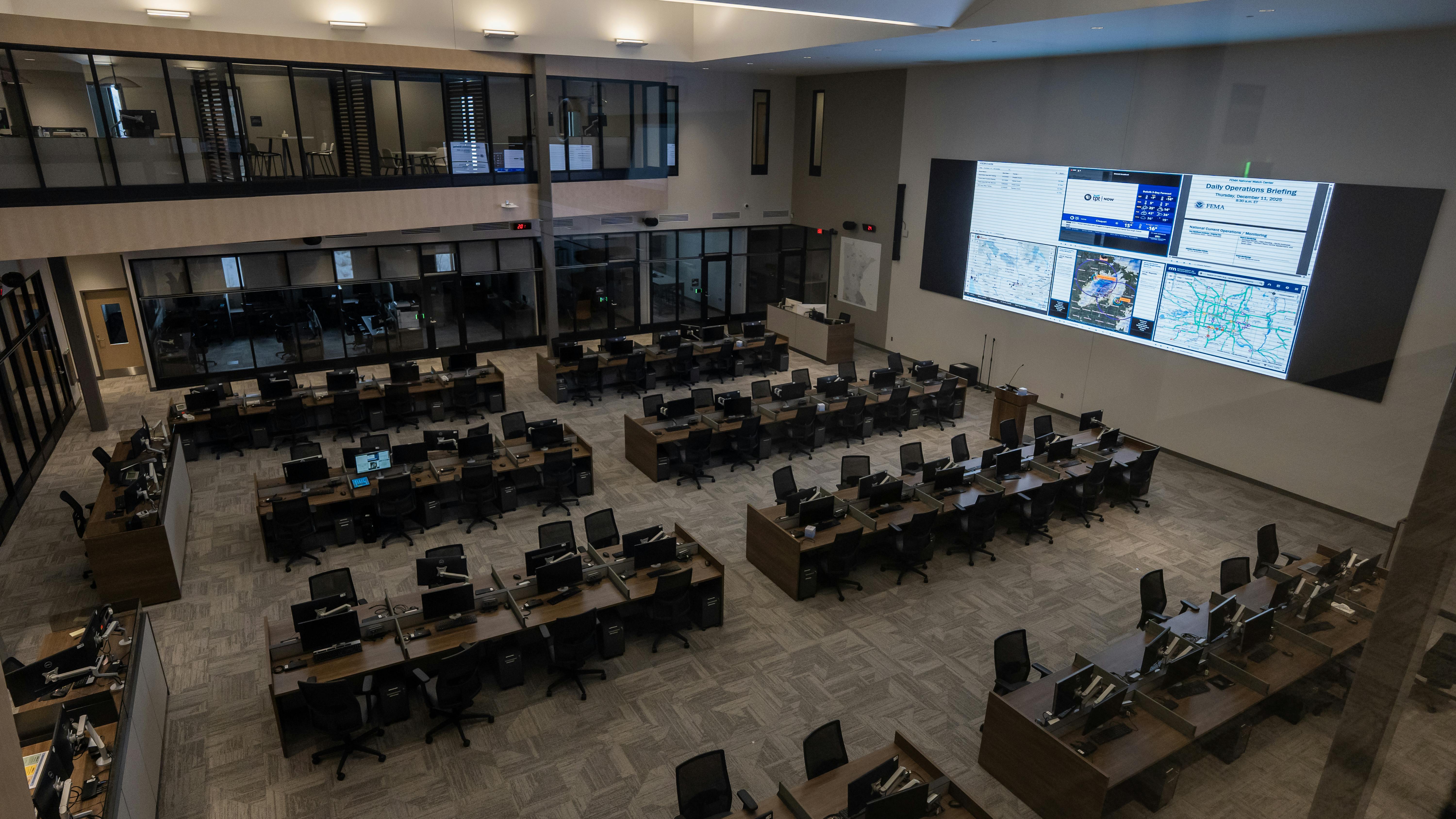 A look inside the large workspace at the new Minnesota State Emergency Operations Center in Blaine, MN.