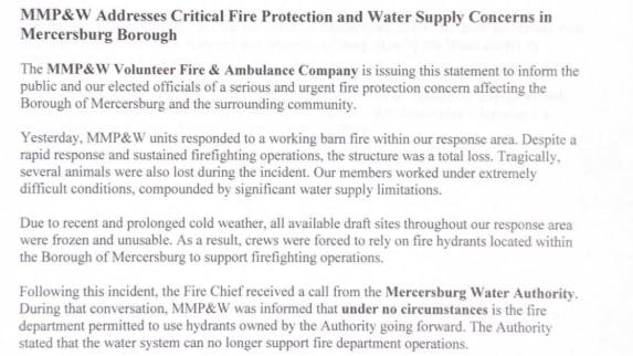 A dispute started Monday night when firefighters battled a barn fire and had to use fire hydrants because of frozen draft sites and the water board chairman called the fire chief to say they could not use the borough's hydrants.