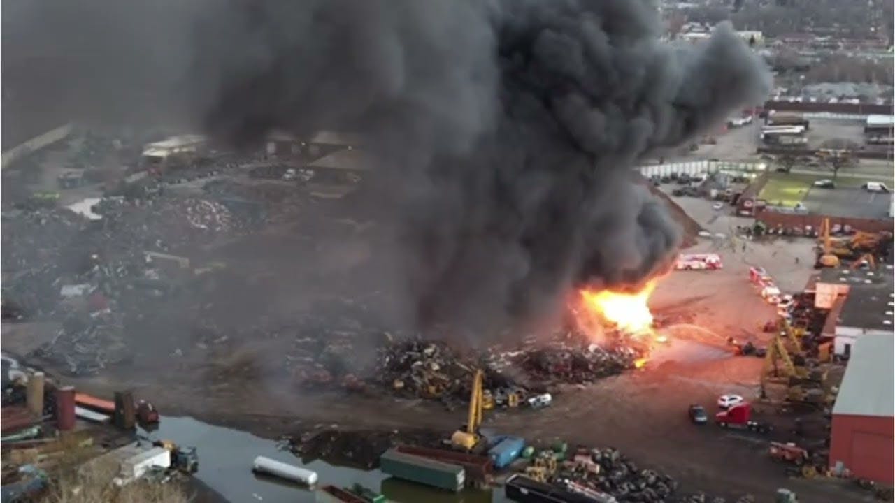 KALAMAZOO FIRE: Drone video shows large scrap pile on fire, air quality being monitored