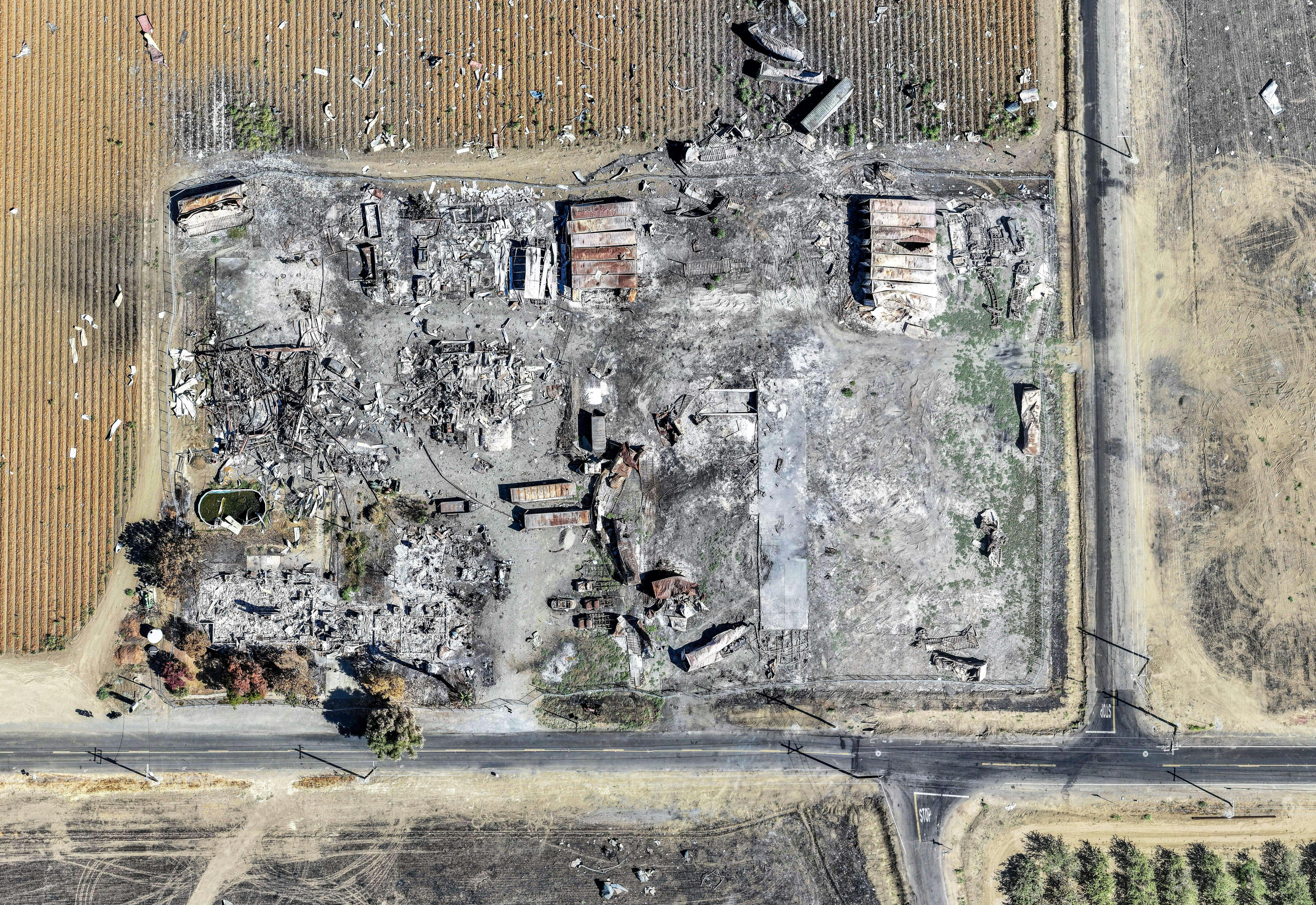 A composite shows the aftermath of the July 1 explosion at the Esparto fireworks plant that killed seven.