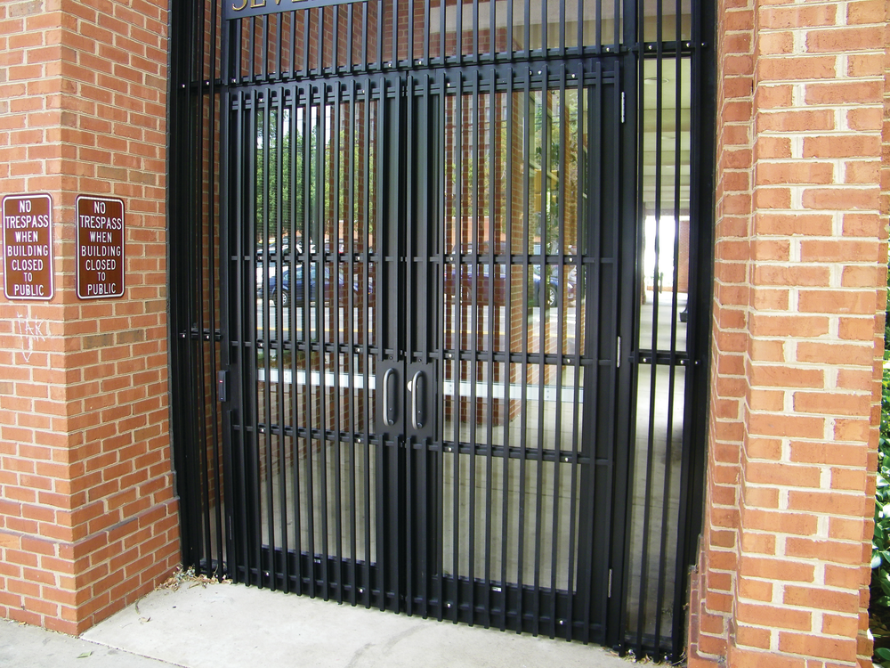 Exterior view of double doors on government building