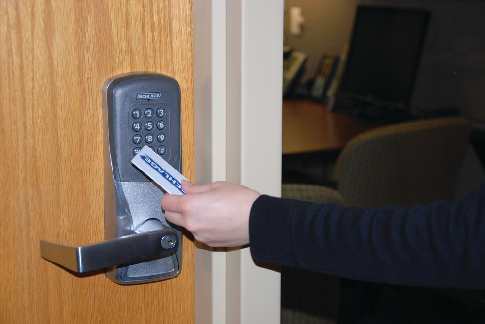 Schlage AD-400 wireless lock will cover previous mechanical lock prep without a separate cover plate. Installation is simplified because it is no longer necessary to run wires to each opening.