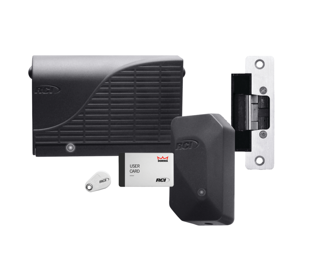 Kit contains proximity card reader, 2 programming cards, 2 prox cards, 2 shadow cards, power controller and electric strike