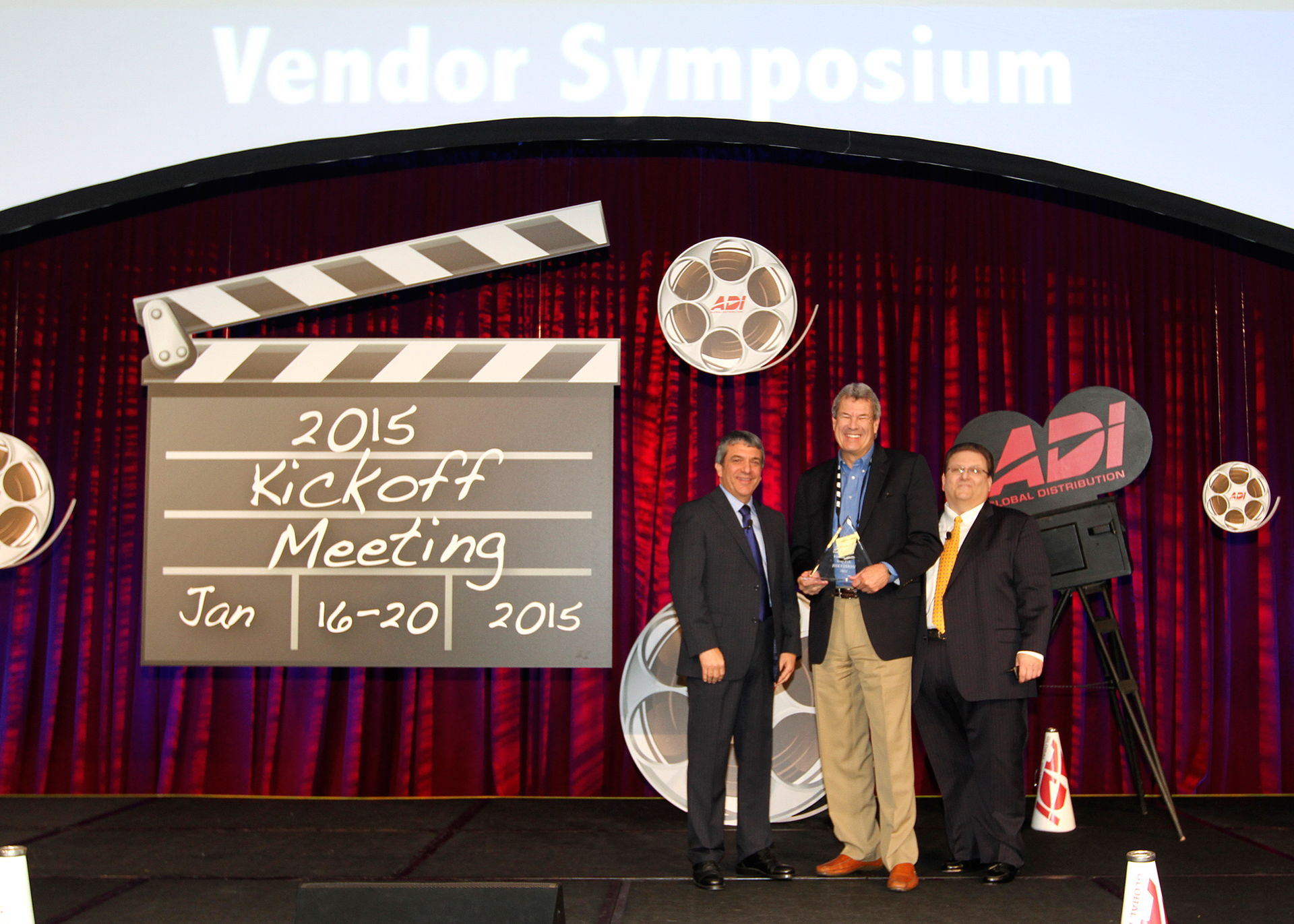 Hikvision: US Vendor of the Year. (L-R) Michael Flink, ADI Global President; Gordon Lang, Director of Strategic Partners at Hikvision USA; Andy Morra, ADI Global Vice President of Marketing