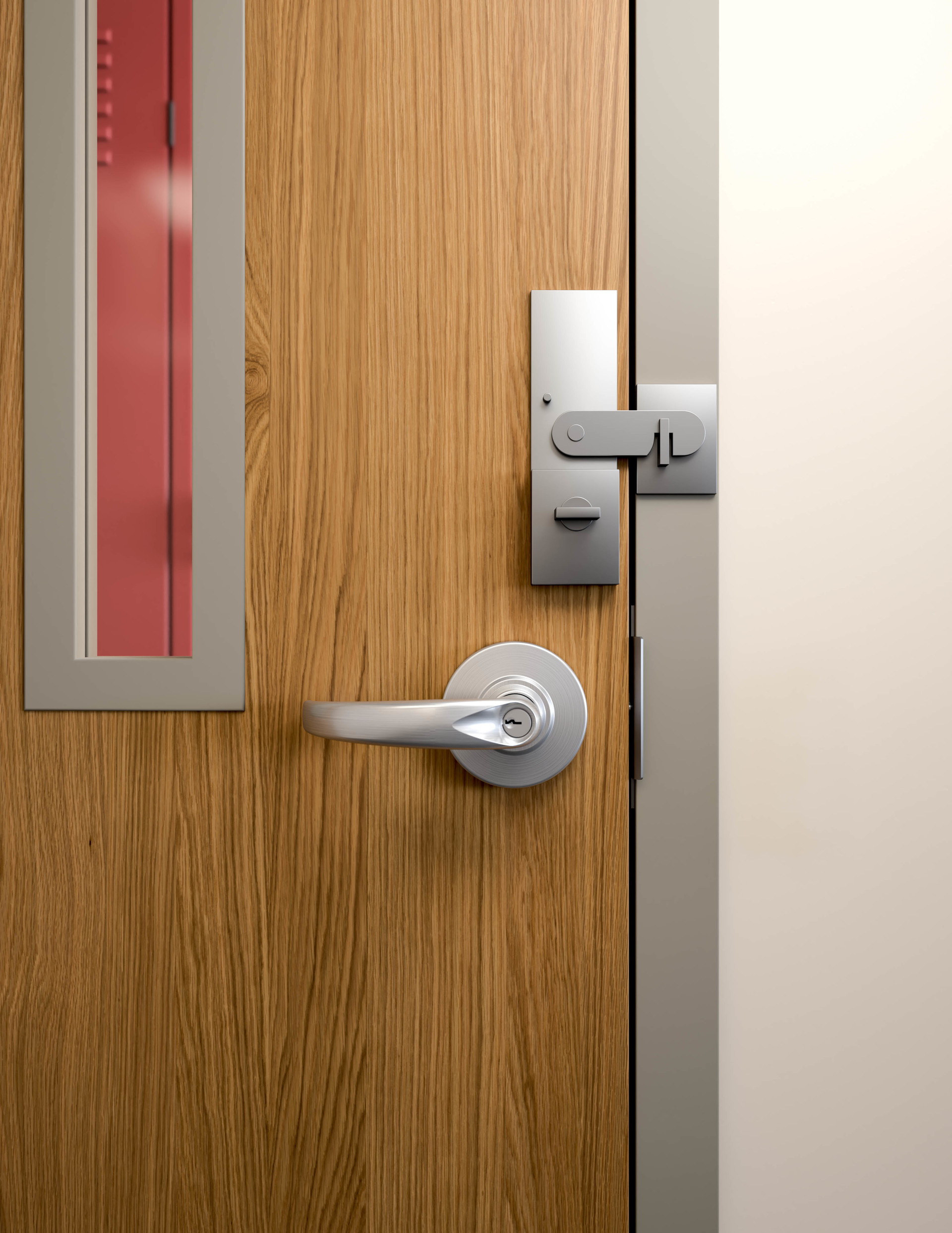 NFPA 101 now allows auxiliary hardware that requires a second releasing operation on existing classroom doors if the stated requirements are met. The I-Codes require classroom doors to unlatch with one releasing operation.