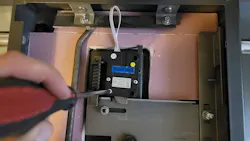 Images 13 and 14: Make sure the lock wire is centered in the wire channel and not pinched or crushed, and a small gap is between the lock bolt and bolt work of the safe. Images 13 and 14: Make sure the lock wire is centered in the wire channel and not pinched or crushed, and a small gap is between the lock bolt and bolt work of the safe.