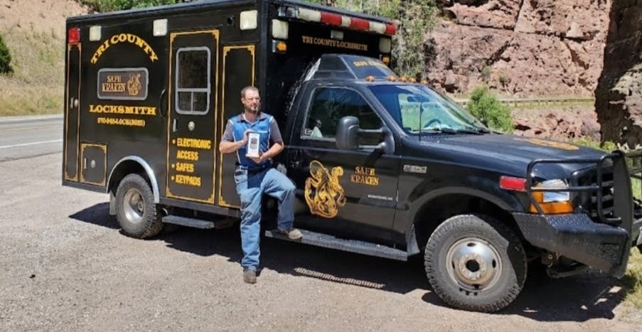 Wayne Winton and his ambulance as locksmith service vehicle