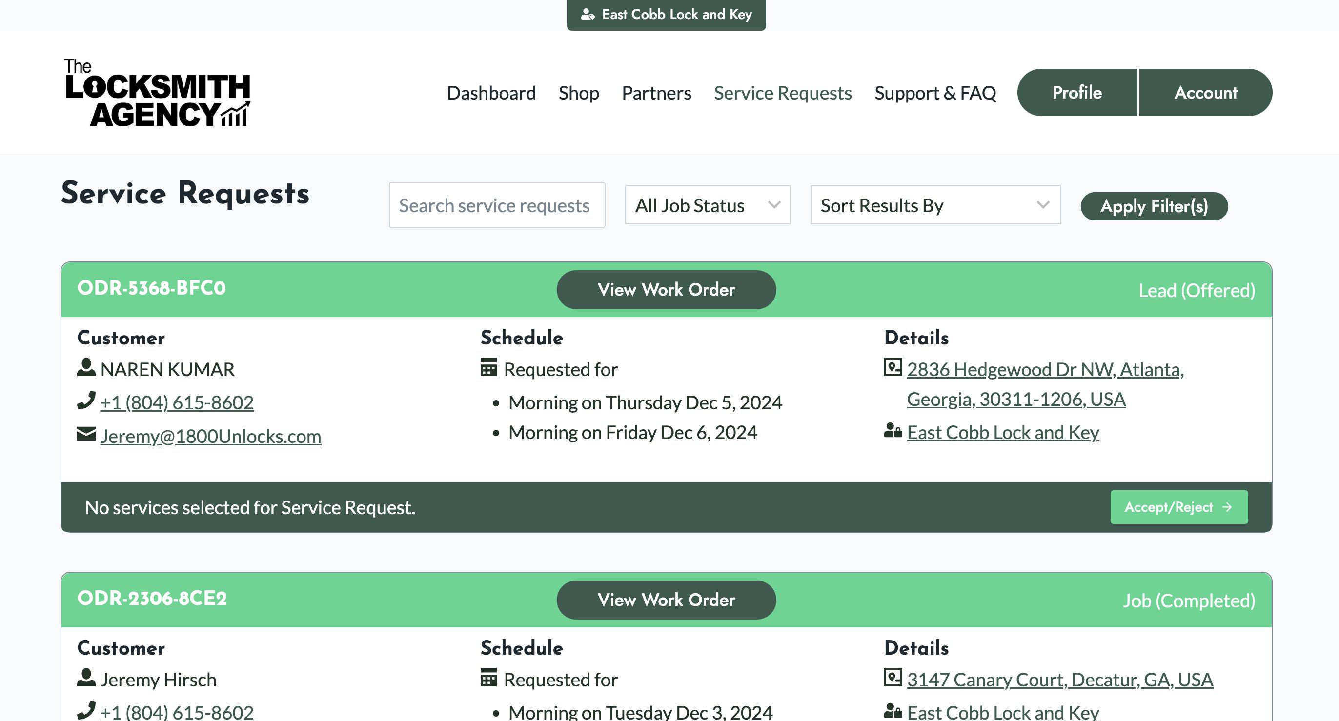 Locksmith Agency service request page
