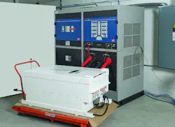 A lithium-ion battery module being tested for large hybrid electric vehicles. This is one of two 35kW battery modules for a bus retrofit application. A lithium-ion battery module being tested for large hybrid electric vehicles. This is one of two 35kW battery modules for a bus retrofit application.