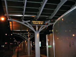 NextBus passenger transit alert on San Francisco Mincipal Transportation Agency LRV platform. NextBus passenger transit alert on San Francisco Mincipal Transportation Agency LRV platform.