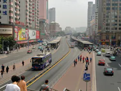 Guangzhou's BRT line spans 14 miles and includes six stations along the way. Guangzhou's BRT line spans 14 miles and includes six stations along the way.