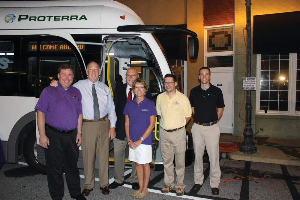 Seneca and Proterra Team (Left to Right): Keith Moody, CATBus Director of Operations Greg Dietterick, Seneca City Administrator Dale Hill, Proterra Founder Holly BrownCATBus Office Manager Ed Halbig, Seneca Director of Planning & Development Mike Finnern, Proterra Manager of Electric and Controls Engineering.