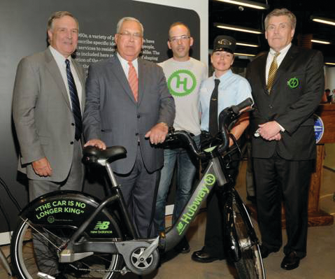 MBCR Chairman James O'Leary, Mayor Thomas M. Menino, Hubway General Manager Scott Mullen, MBCR Conductor Christina Clark, MBCR General Manager Hugh Kiley at The Hubway Birthday Party on July 25, 2012.