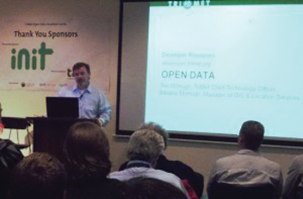 TriMet Chief Technology Officer Tim McHugh addressing developers.