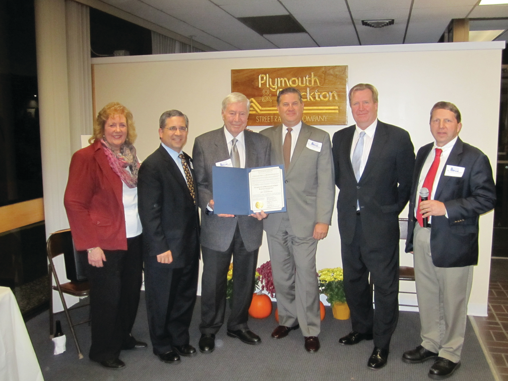 From left to right, are Carol Anzuoni, of Plymouth & Brockton; Plymouth Selectman Anthony Provenzano; P&B President George Anzuoni, Plymouth Board of Selectman Chairman Matt Muratore; P&B Vice President Chris Anzuoni; and P&B General Manager Mark Richardson.