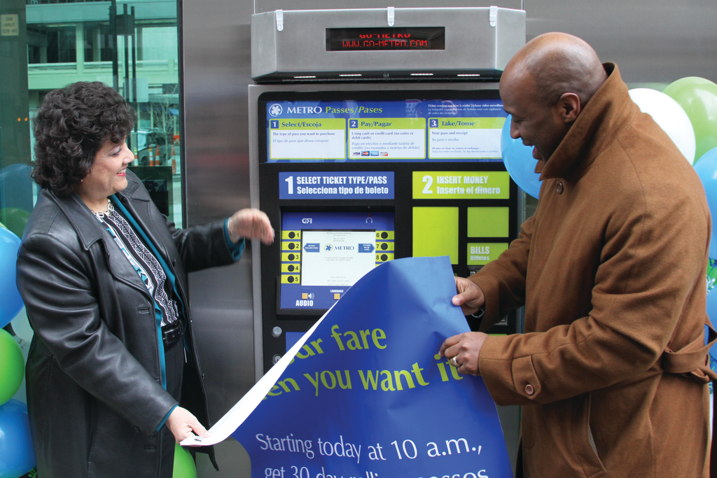 : Metro CEO Terry Garcia Crews and SORTA Board Chair Jason Dunn unveiled the first transit ticket vending machine in Cincinnati on March 27.