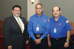 From left to right, Alex Briseño, chairman, Via Board of Trustees; Manuel Valdez, Via bus operator; Jesse Quintero, Via bus operator. From left to right, Alex Briseño, chairman, Via Board of Trustees; Manuel Valdez, Via bus operator; Jesse Quintero, Via bus operator.