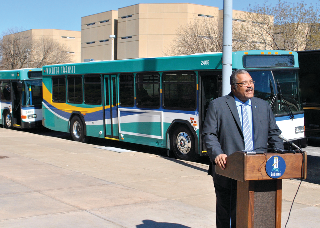 Wichita Mayor Carl Brewer introduces new buses during a May 2 press conference.