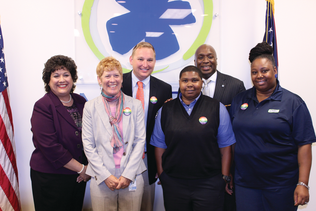 Metro CEO Terry Garcia Crews, Metro Ridership Development Manager Kim Lahman, Cincinnati City Council member Chris Seelbach, Metro Operator Renita Wilson, SORTA Bard Chair Jason Dunn, and Access Operator Tamika Raven-Wilson took part in Metro's announcement to provide same-sex benefits.