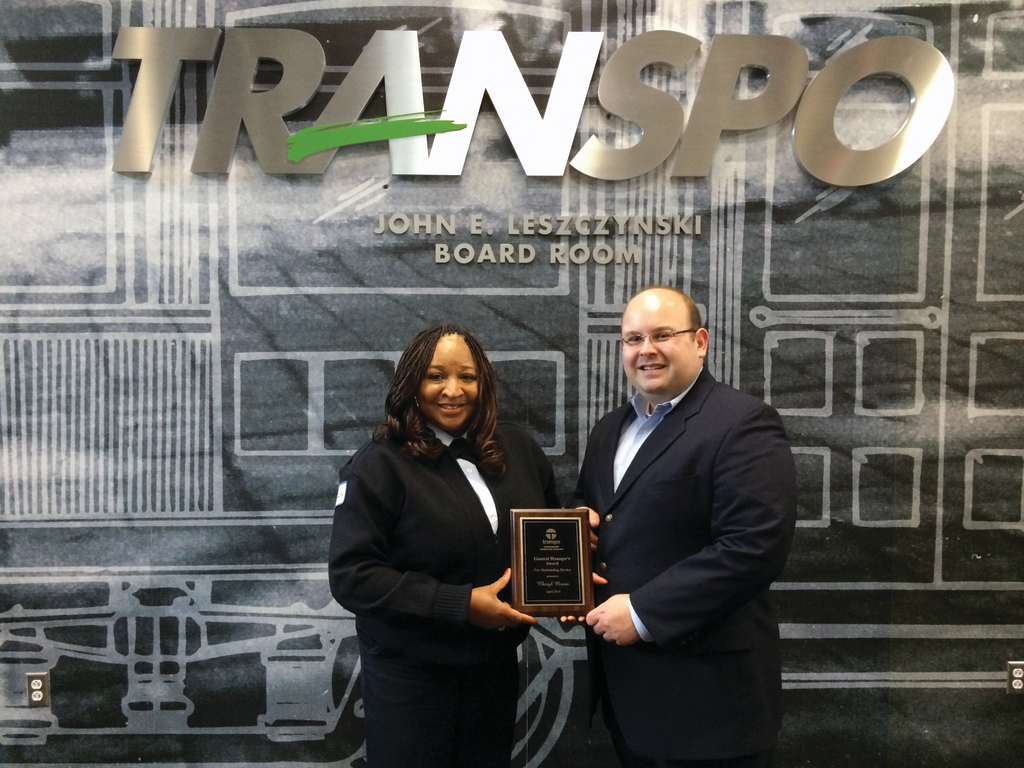 Transpo Operator Cheryl Moore got the first Transpo General Manager's Award after she came to the aid of a young girl who walked away from home.