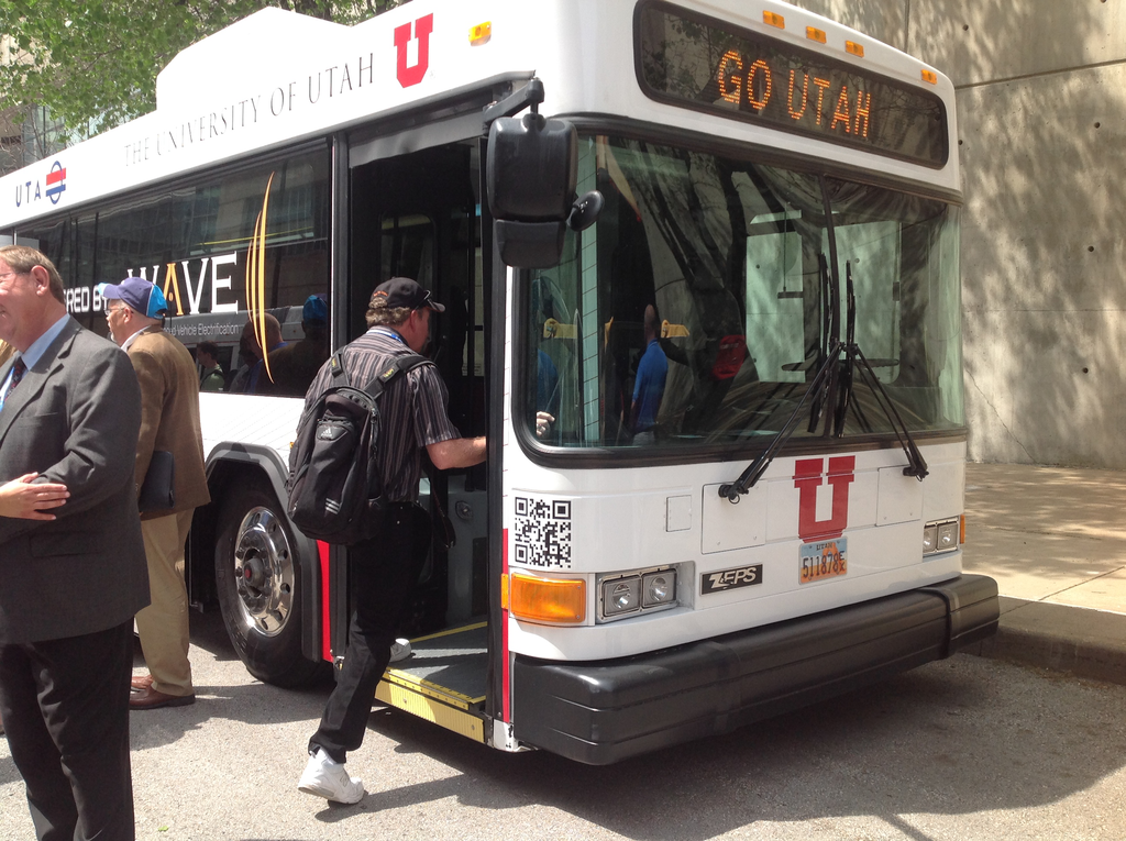 The Utah State University wirelessly charged electric bus is used on a new 10-minute route that connects campus and a UTA Trax station.