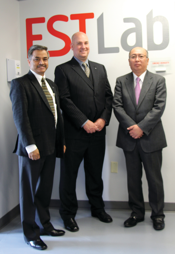 From left to right, Vijay Yadav, vice president of R&D, Kydex, LLC; Ronn Cort, COO and president of Kydex LLC; and Mr. Nishiie, director and division leader for public works and infrastructure Sekisui Chemical Co. celebrate the opening of the Kydex FSTLab