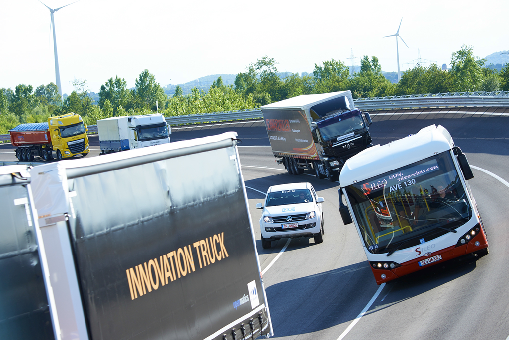 At the right: Electrically driven low-floor bus with ZF's AVE 130 low floor axle at the Bus Section during ZF's Trade Press Conference 2014, Aldenhoven, Germany.