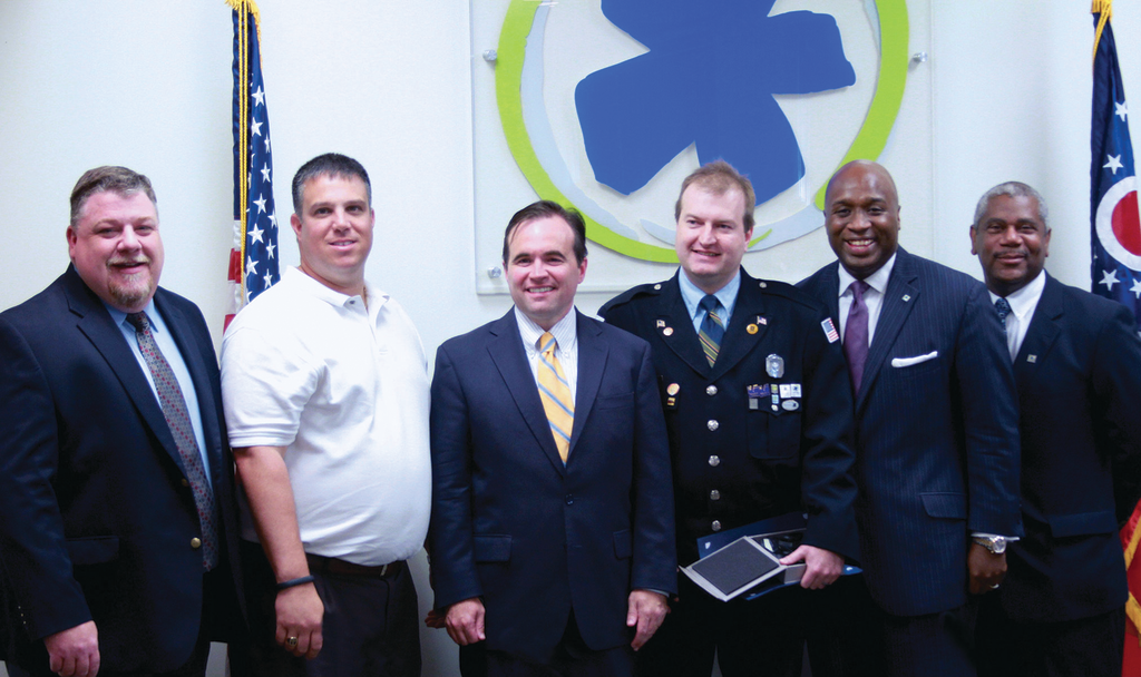 From left to right, SORTA Board Vice Chair Ken Reed, ATU Local 627 President Troy Miller,Cincinnati Mayor John Cranley, Metro Bus Operator Clay Chinn, SORTA Board Chair Jason Dunn and Metro Interim CEO Darryl Haley