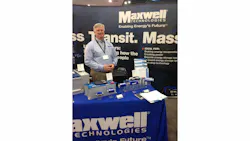 Chuck Cook, sales application engineer, Maxwell Technologies, in front of several of their ultracapacitor technologies on display at APTA 2014. Chuck Cook, sales application engineer, Maxwell Technologies, in front of several of their ultracapacitor technologies on display at APTA 2014.