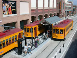Multiple streetcars near Gameworks. Multiple streetcars near Gameworks.