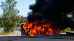 Fire in a gas bus conducted as part of a reconstruction for the Swedish Accident Investigation Board. Fire in a gas bus conducted as part of a reconstruction for the Swedish Accident Investigation Board.