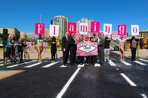 Officials, pedestrians and the showgirls from Jubilee at Bally's Las Vegas celebrate the groundbreaking of the Flamingo Corridor Improvements project.