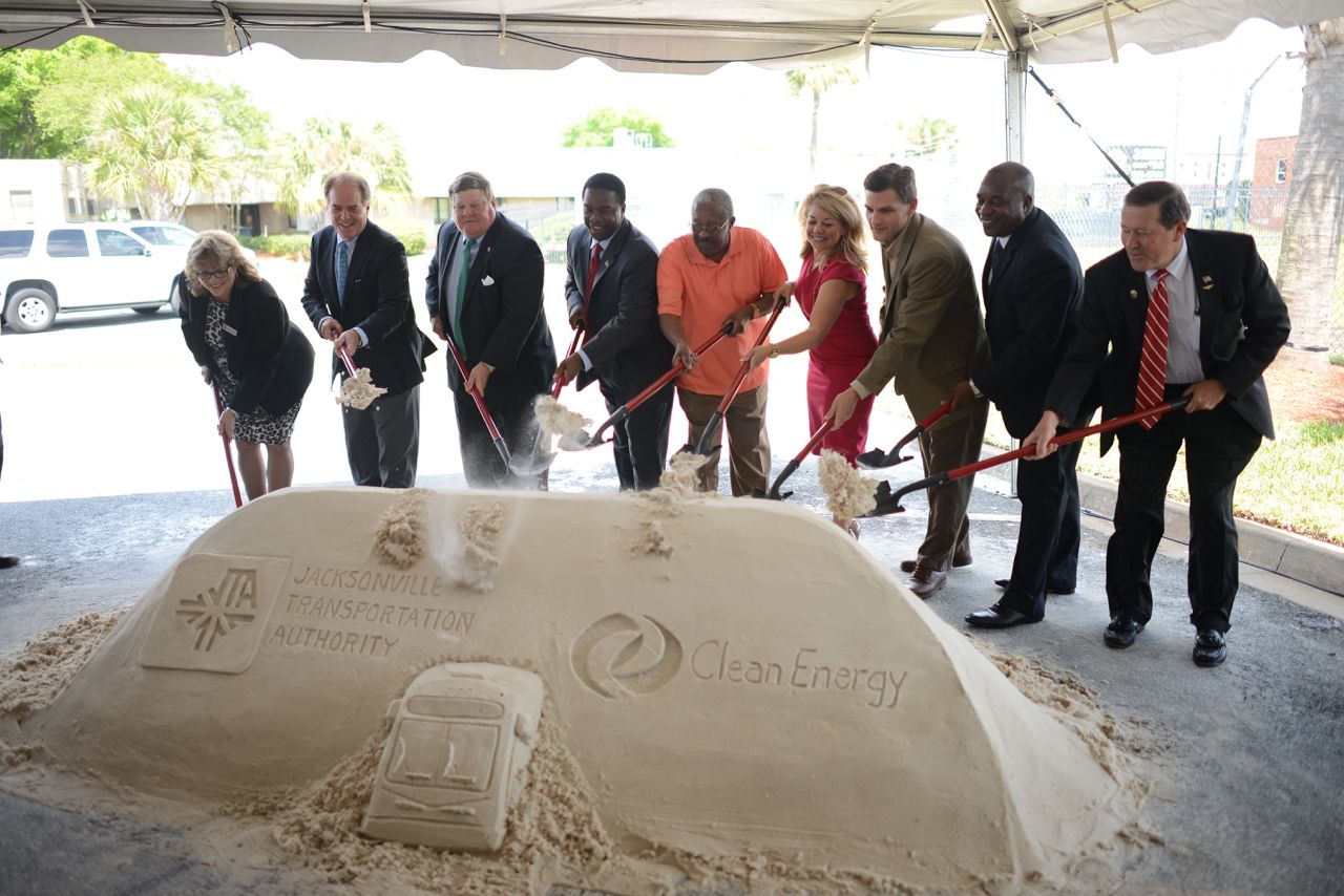 From left to right, Lisa Darnall, vice president of transit operations, JTA; Peter Grace, senior vice president, Clean Energy; Scott L. McCaleb, JTA chairman, Vulcan Land Inc.; Mayor Alvin Brown, city of Jacksonville; Isaiah Rumlin, JTA vice chairman, Rumlin Insurance Agency; JTA Director Ari Jolly, Florida Blue; Jeff Sheffield, executive director, North Florida TPO; Nathaniel P. Ford Sr., chief executive officer, JTA; and Councilman Jim Love, District 14.