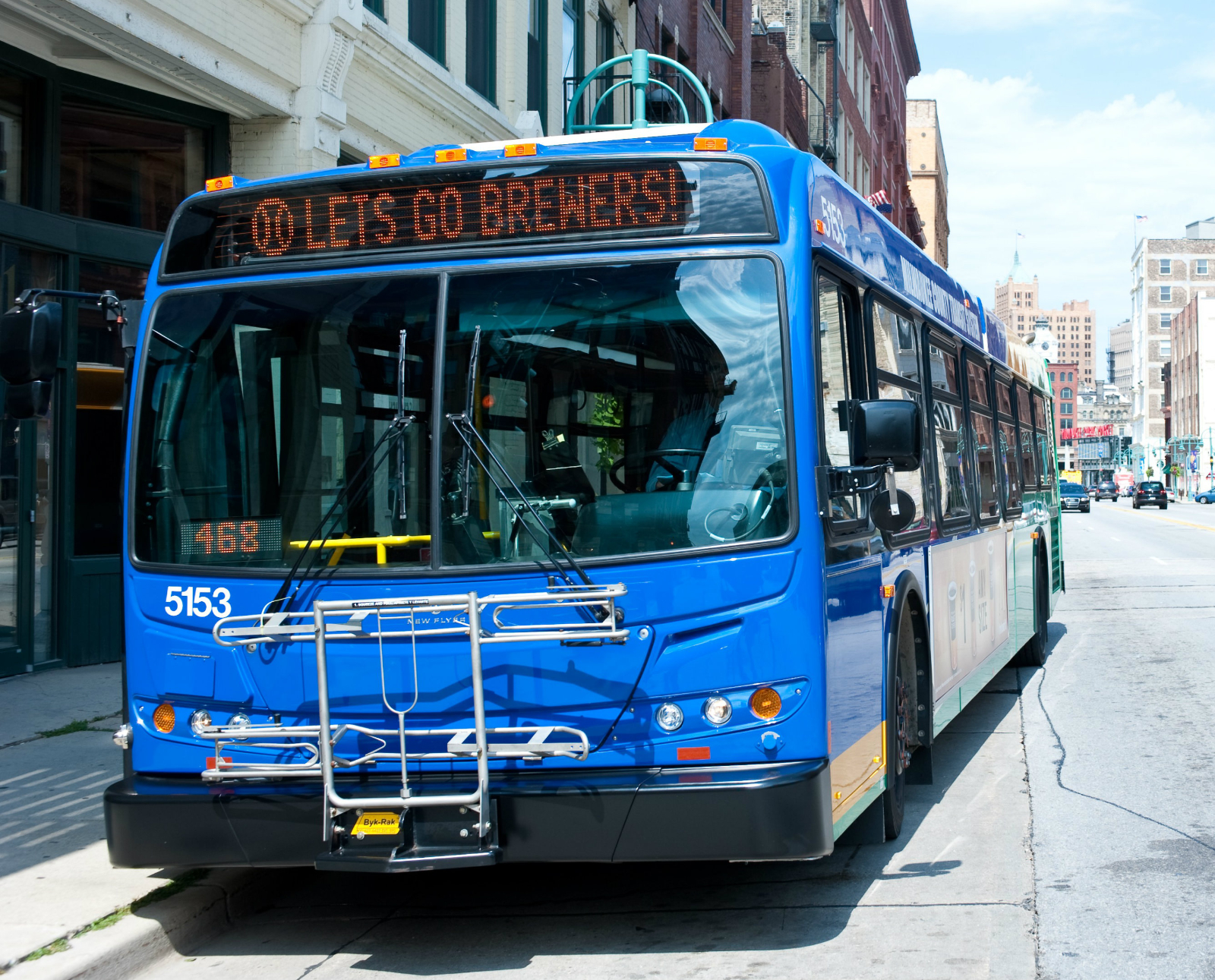 MCTS Route 90 displays 'Let's Go Brewers' on front during game day so riders know it will take them to Miller Park.